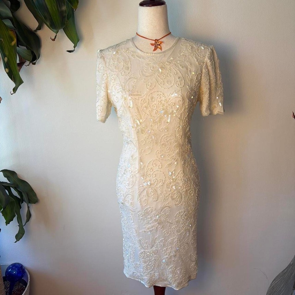 Adrianna Papell Vintage 90s Beaded Sequin Silk Cream Formal Midi Dress 6